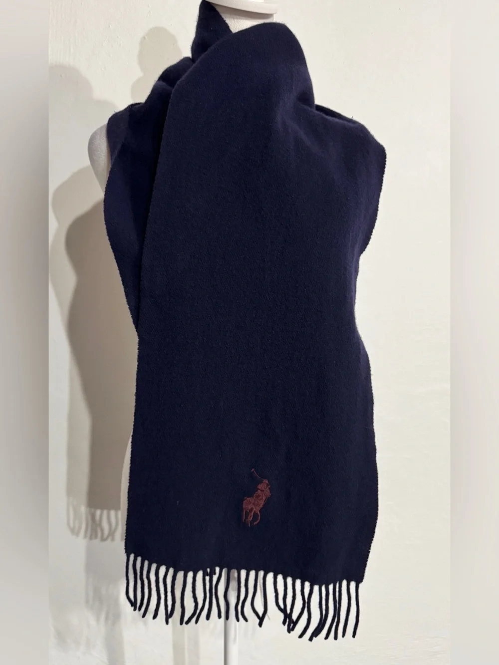 Ralph Lauren Dark Navy Wool Scarf with Embroidered Pony